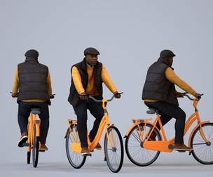00220_Jon0017 Adult Black man cycling through public space in transitional seasonal clothing