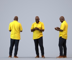 00222_Jon0007 Adult Black male standing outdoors with smartphone in casual summer clothing