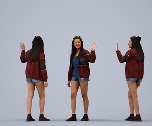 00226_Yawan0015 Adult Indian woman walking and waving in casual transitional seasonal clothing