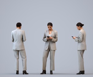 00234_Nur0005 Adult Latino woman using smartphone in office wearing transitional seasonal attire