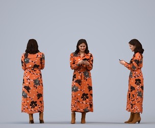 00237_Aamina0004 Adult Caucasian woman standing in public space with smartphone, transitional attire