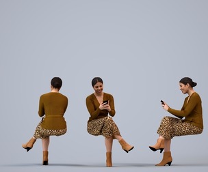 00238_Nur0010 Adult Latina woman sitting in public space with smartphone, transitional attire