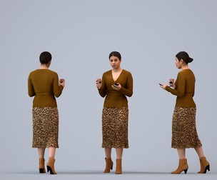 00238_Nur0004 Adult Latino woman standing in public space with coffee in transitional attire
