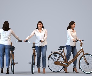 00239_Aamina0001c Adult Caucasian woman standing with bicycle in casual transitional seasonal