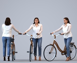 00239_Aamina0001b Adult Caucasian woman standing with bicycle in casual transitional seasonal