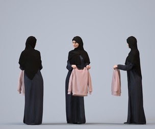 00243_Hannah0011 Adult Middle Eastern woman standing in public retail space wearing abaya and hijab