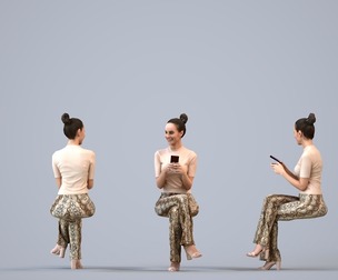 00247_Hannah0011 Adult Caucasian woman sitting at home with smartphone in transitional attire