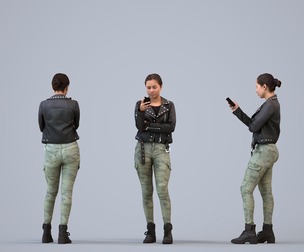 00249_Anargul022 Adult Caucasian woman standing in public space with smartphone, transitional attire