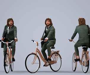 00250_Jet00013 Adult Caucasian male cycling through public space in business attire with bag