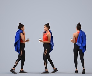 00253_Anargul0019 Adult Indian woman walking while calling, wearing summer sportswear, holding