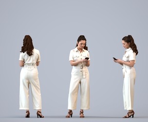 00255_Sari007 Adult Caucasian woman standing in office holding smartphone in transitional attire