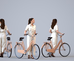 00255_Sari001 Adult Caucasian woman commuting with bicycle in formal transitional seasonal clothing