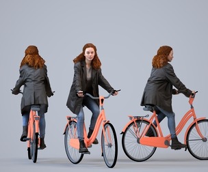 00262_Marva0001 Adult Caucasian woman commuting by bicycle in casual transitional seasonal clothing