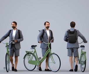 00263_Bipini0015 Adult Indian man commuting with bicycle and bag in summer business attire