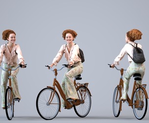 00264_Marva0001 Adult Caucasian woman cycling in public wearing autumn or spring attire with bag