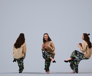 00275_Denise015 Adult Caucasian woman relaxing at home with coffee in transitional attire