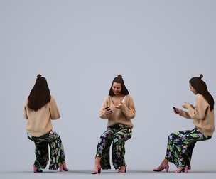 00275_Denise014 Adult Caucasian woman sitting at home with smartphone in spring attire