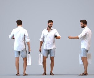 00278_Olivier008 Adult Caucasian male shopping with smartphone and bag in summer attire