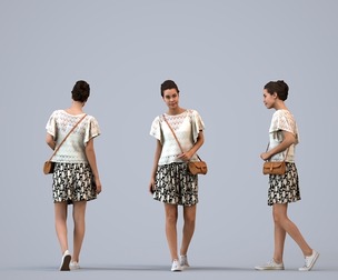00279_Denise009 Adult Caucasian woman walking through public space with bag, summer attire