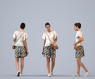 00279_Denise008 Adult Caucasian woman walking through public space with bag, summer attire