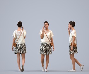 00279_Denise011 Adult Caucasian woman walking while calling, carrying bag in summer casual attire