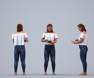 00282_Misha005 Adult Caucasian woman standing with smartphone in casual summer attire