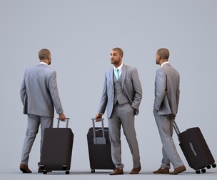 00283_Bill009 Adult Black male walking with suitcase in business attire while waiting