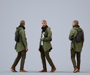 00285_Bill0006 Adult Black man walking through public space with bag, winter attire
