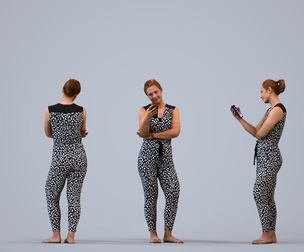 00286_Masha008 Adult Caucasian woman standing at home with smartphone in summer casual attire