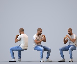 00287_Bill009 Adult Black man sitting casually in summer attire for residential visualization