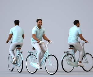 00292_Allen001 Adult Black male cycling through public space in casual summer attire