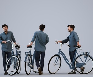 00293_Darren011 Adult Caucasian man walking with bicycle in casual transitional seasonal clothing