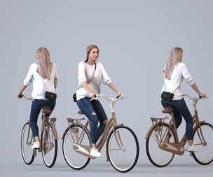 00295_Elsje0013 Adult Caucasian woman cycling casually with bag in summer urban setting
