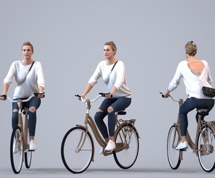 00295_Elsje0012 Adult Caucasian woman cycling in public wearing transitional seasonal clothing