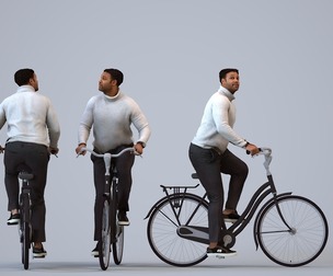 00297_Allen011 Adult Black man cycling in casual transitional seasonal clothing for urban planning