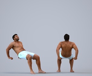 00301_Allen008 Adult Black man crouching during summer workout in fitness space
