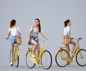 00302_Hideki012 Adult Caucasian woman cycling through public space in summer attire