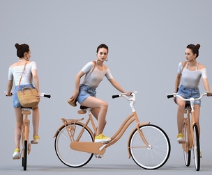00302_Hideki013 Adult Caucasian woman cycling in public with casual summer attire and bag