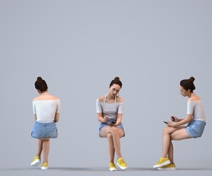 00302_Hideki021 Adult Caucasian woman sitting casually with smartphone in summer attire