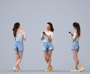 00302_Hideki003 Adult Caucasian woman standing with smartphone in casual summer attire