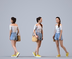 00302_Hideki010 Adult Caucasian woman walking through public space with bag, summer casual attire