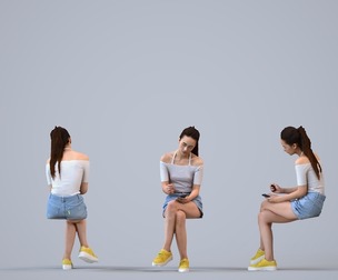 00302_Hideki005 Adult Caucasian woman sitting casually with smartphone in summer attire