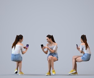 00302_Hideki006 Adult Caucasian woman sitting in public space with smartphone, summer casual attire