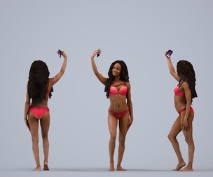 00303_Carolina009 Adult Black woman taking photo with smartphone in summer attire