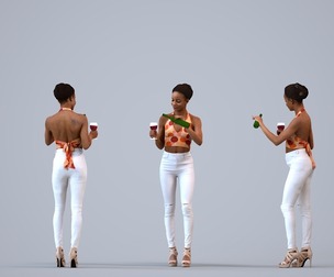 00307_Carolina018 Adult Black woman standing casually with drink for hospitality space visualization