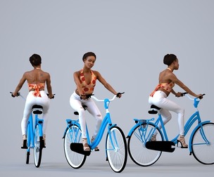 00307_Carolina012 Adult Black woman cycling in casual summer clothing for urban planning