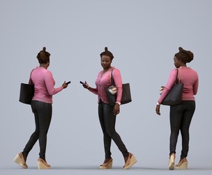 00310_Theresia008 Adult Black woman walking publicly with smartphone in transitional seasonal