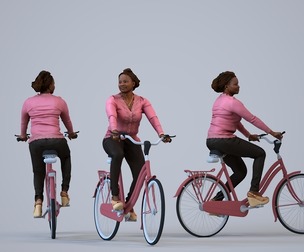 00310_Theresia023 Adult Black woman cycling in casual transitional seasonal clothing for urban