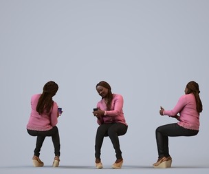 00310_Theresia014 Adult Black woman sitting with smartphone in transitional seasonal attire