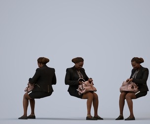 00312_Theresia011 Adult Black woman waiting in office wearing autumn or spring business attire with